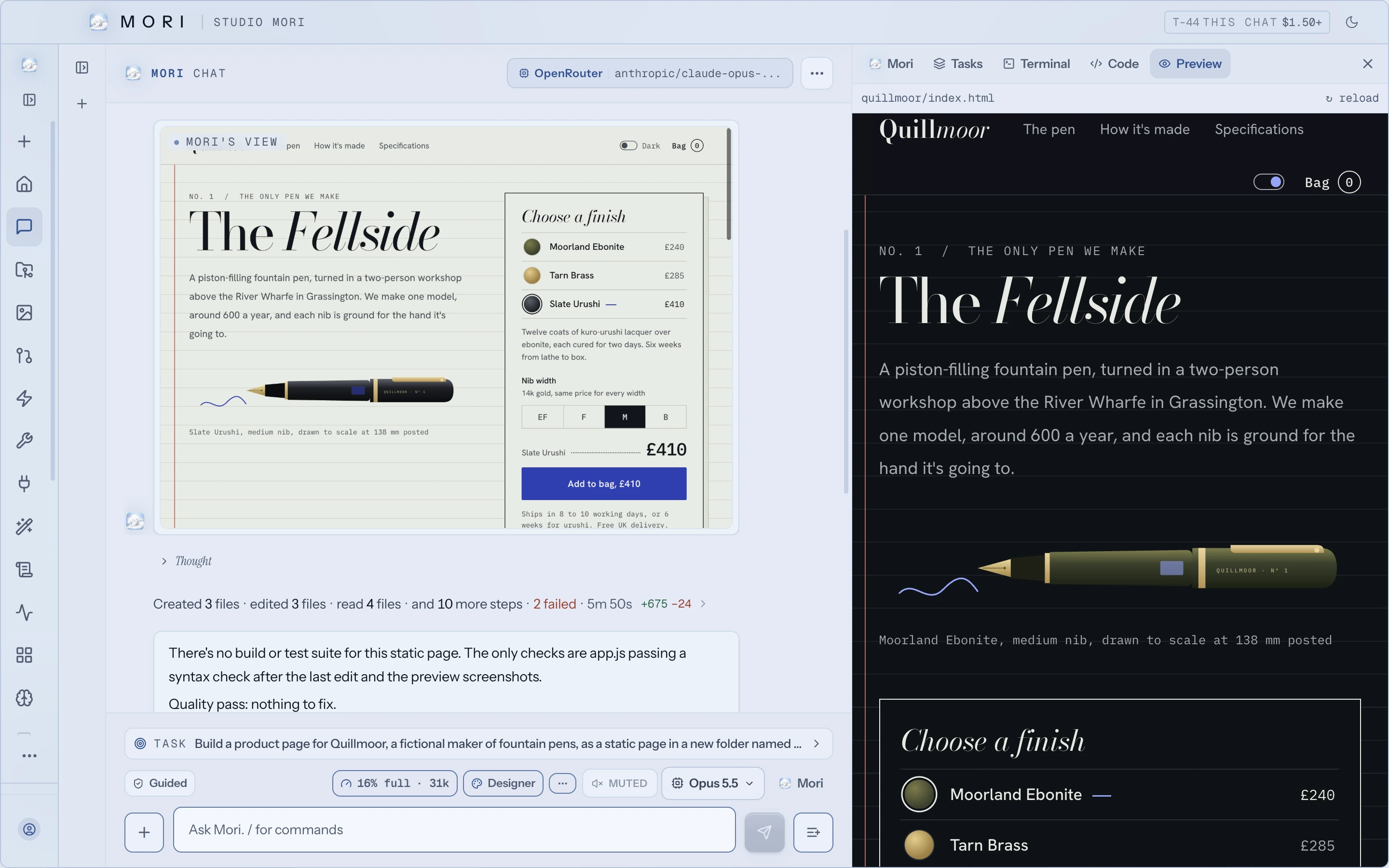 Studio Mori on a Mac after building a product page for a made-up pen maker. On the left are Mori's own look at the finished page, a one-line account of the steps she took, and her answer. On the right is a live preview of the same page.