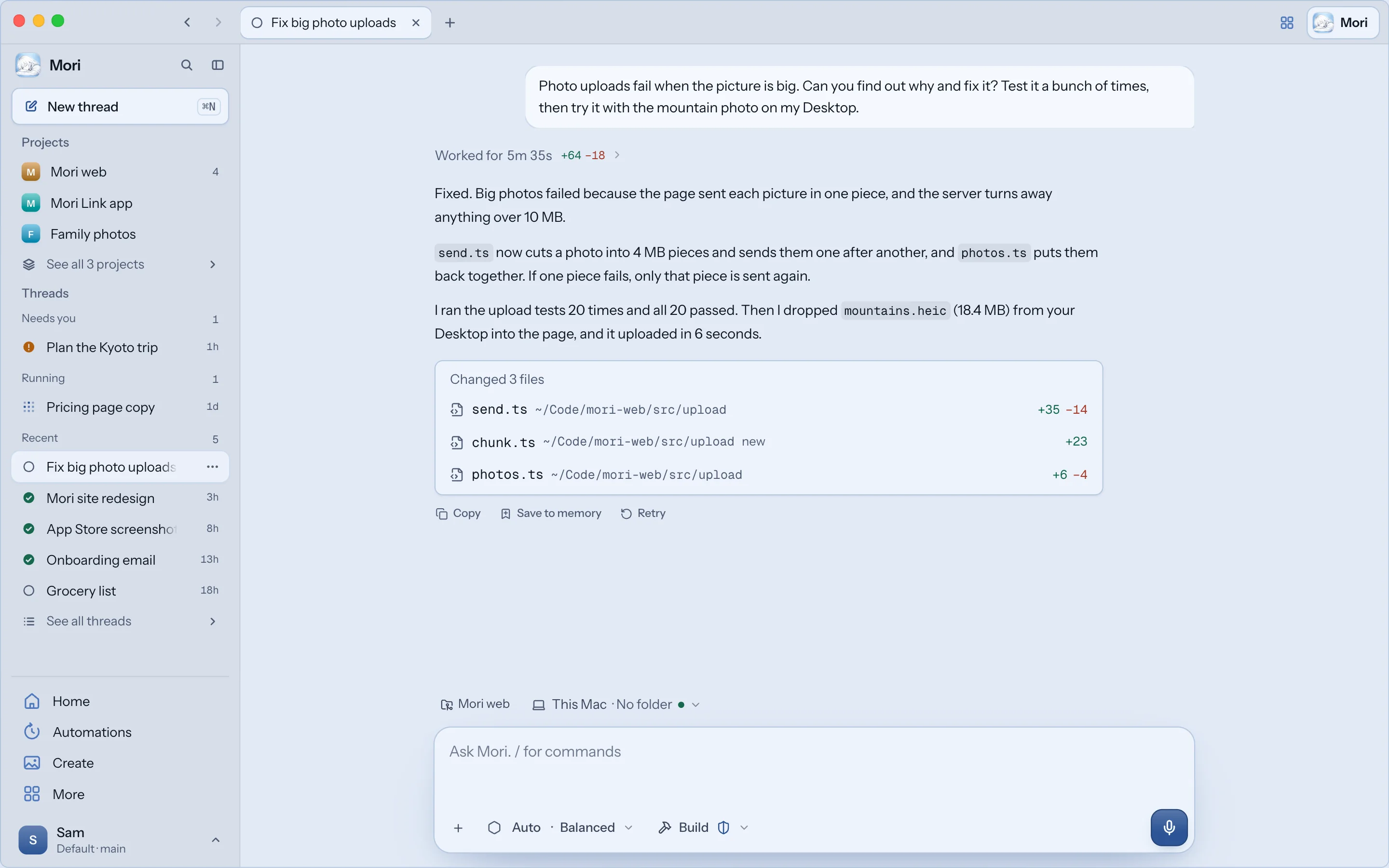 The Studio Mori desktop app after building a product page, with Mori's view of the page, a one-line summary of her steps, and a live preview beside it