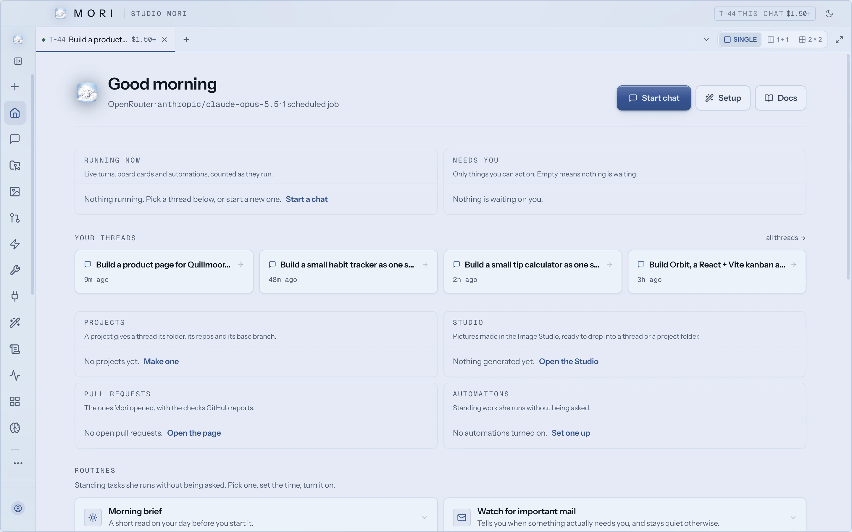 The Studio Mori home screen, with a greeting, what is running now, what needs you, recent threads, and panels for projects, the image studio, pull requests and automations.