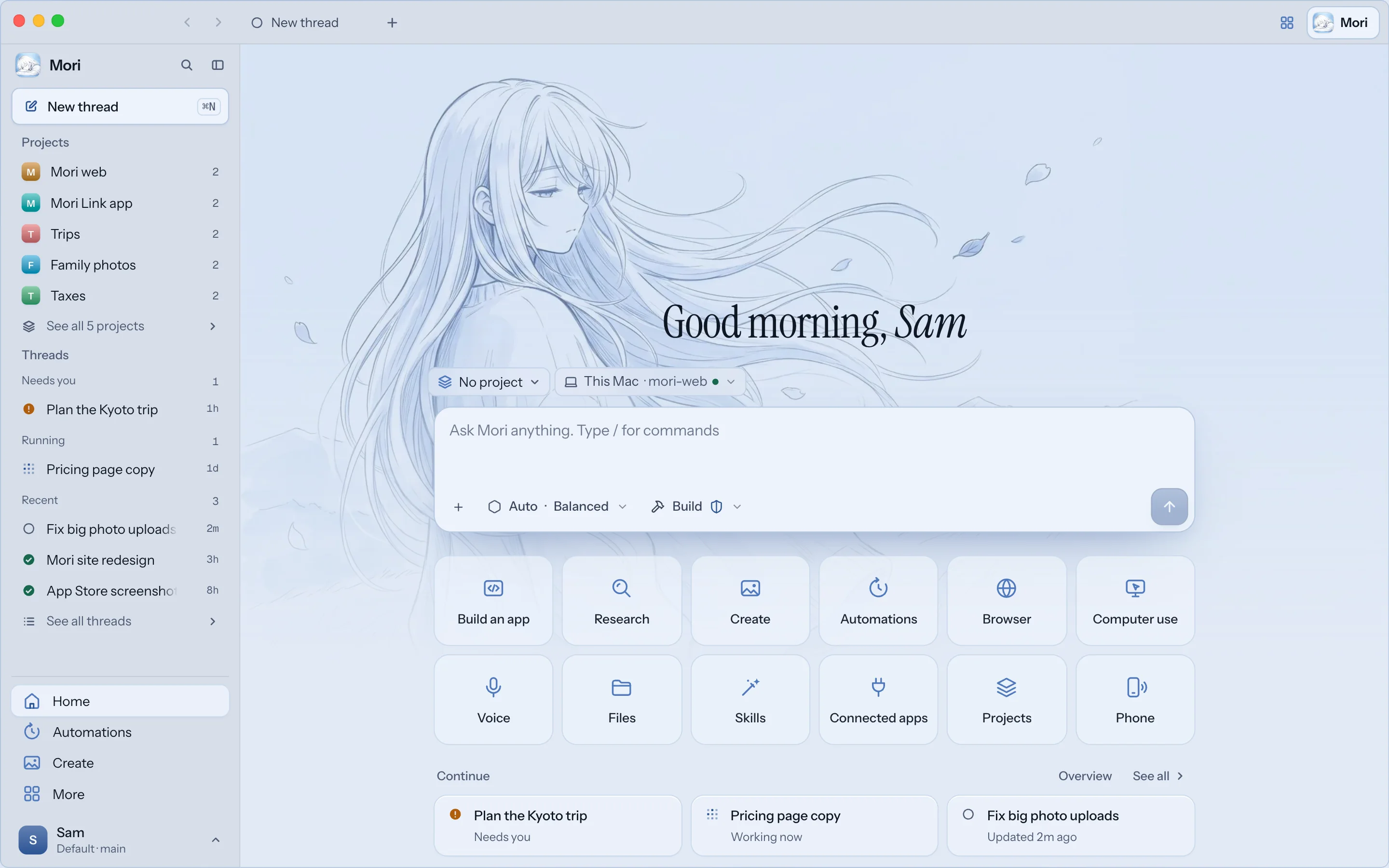The Studio Mori desktop home screen, with what is running now, what needs you, recent threads, and panels for projects, the image studio, pull requests and automations