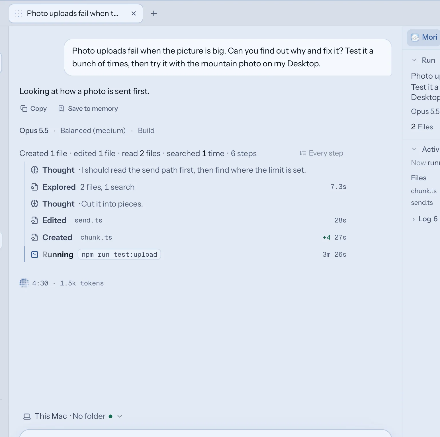Studio Mori in the middle of a build. A line counts the files created so far, each file has its own row, and the code of app.js fills in as Mori writes it. Pause and Stop sit below.