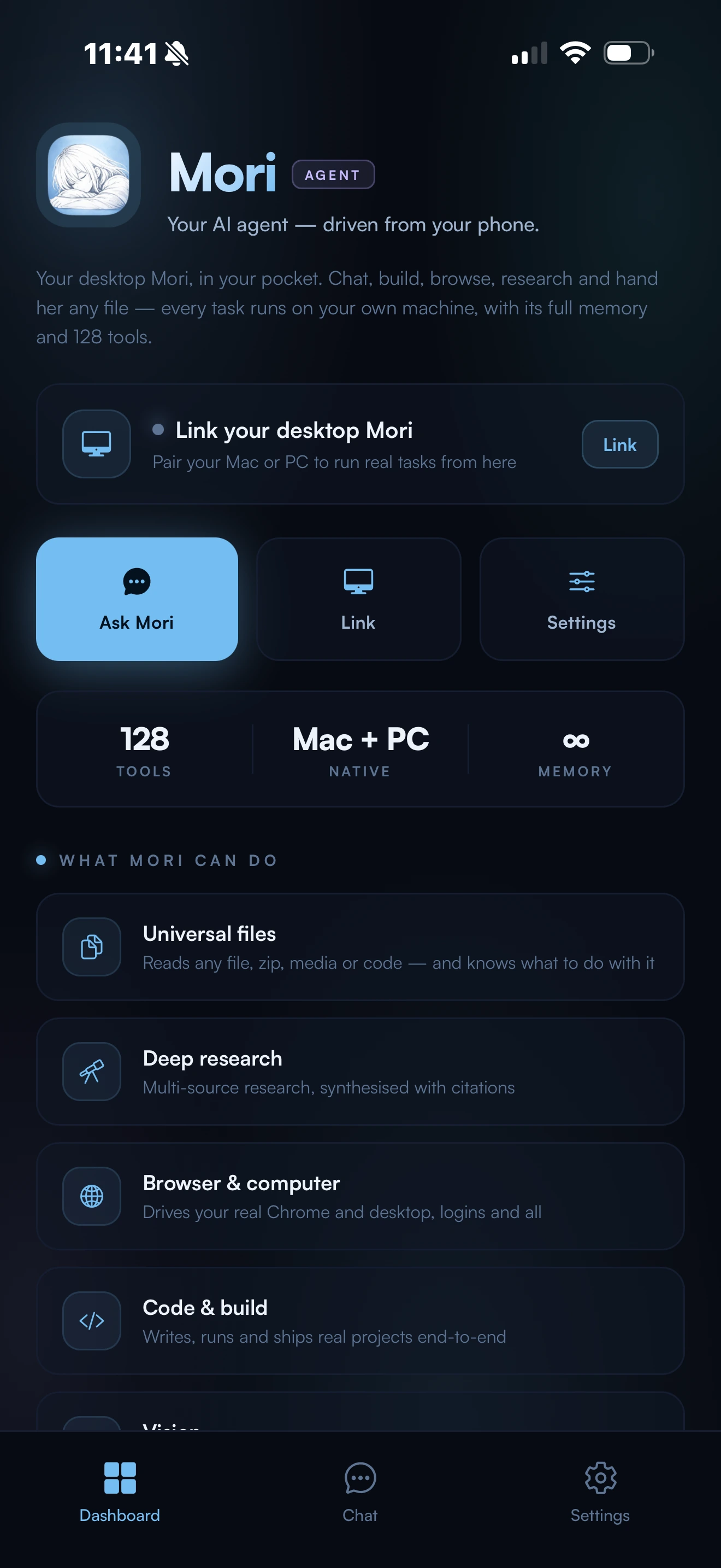 Mori Link on an iPhone: its home screen, with Ask Mori, Link and Settings, and what Mori can do on your computer from your phone