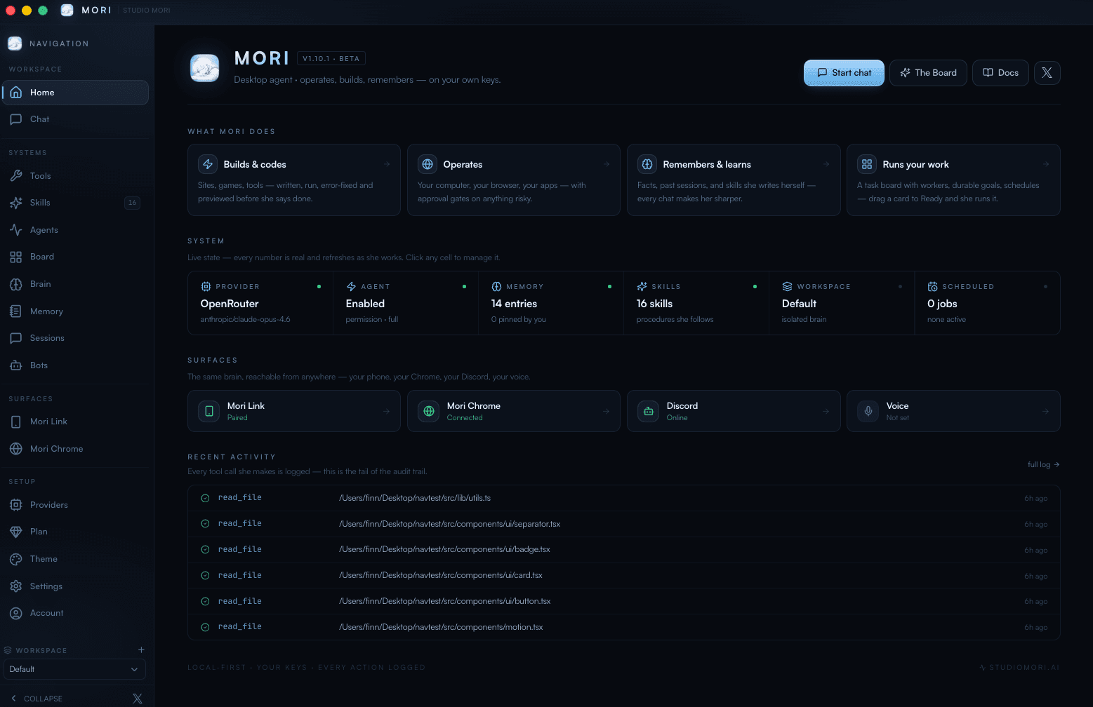 The Mori desktop app: tools, skills, agents, memory, and an audit trail of every action