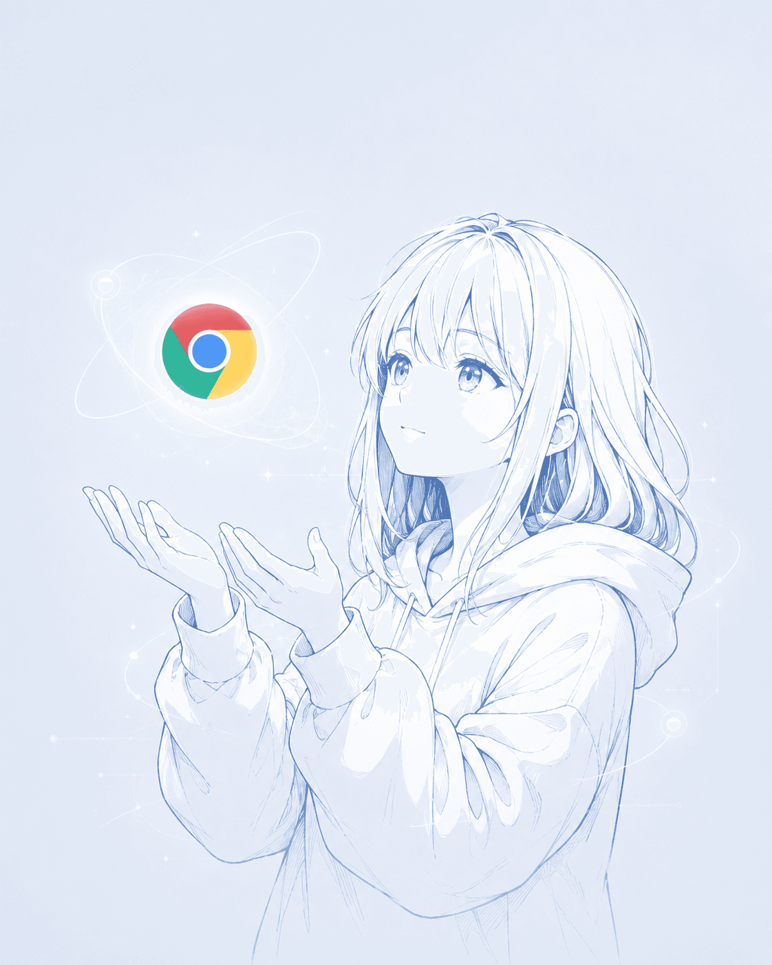 Mori holding the Chrome mark, drawn in ice blue line