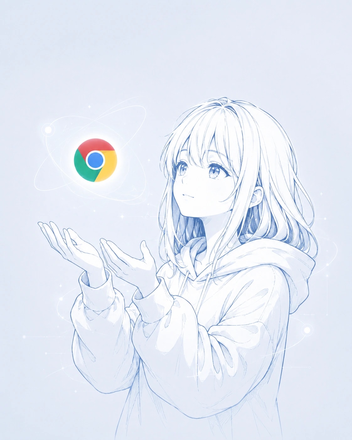 Mori holding the Chrome mark, drawn in ice blue line