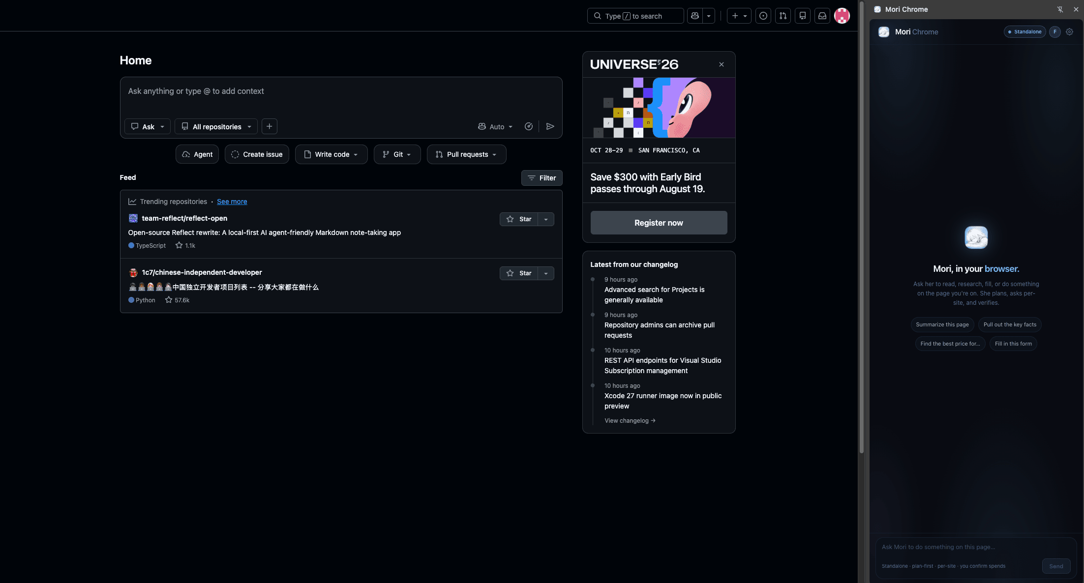 The Mori side panel open in Chrome, ready to act on the page