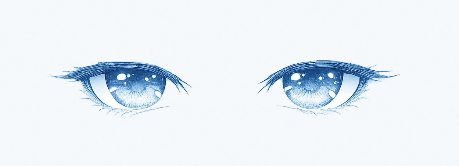 Mori's eyes, drawn in ice blue line on a porcelain ground