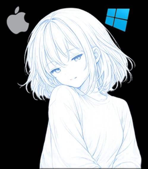 Mori, drawn in ice blue line, between the macOS and Windows marks