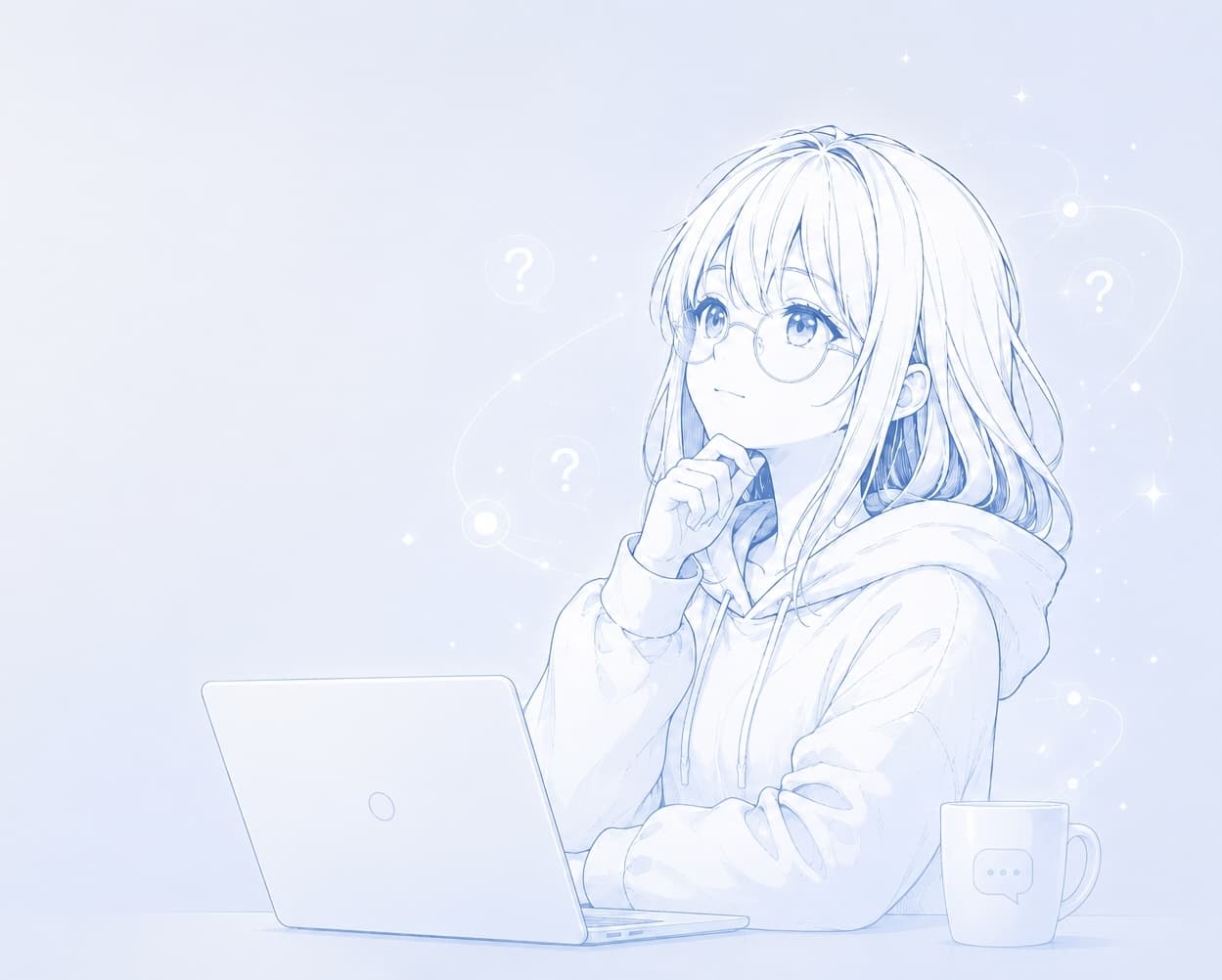 Mori at a laptop, questions drifting around her